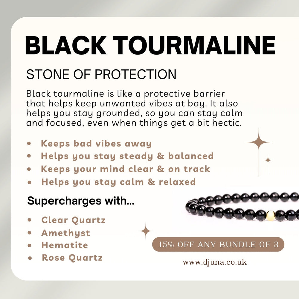 Black Tourmaline Bracelet with Engraved Sterling Silver Charm - Djuna Studios