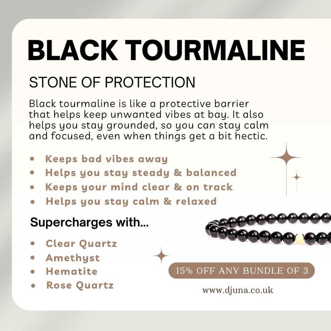 Black Tourmaline Bracelet with Engraved Sterling Silver Charm - Djuna Studios