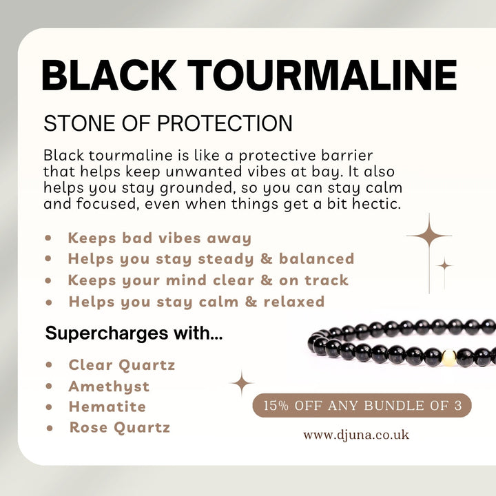 Black Tourmaline Bracelet with Engraved Sterling Silver Charm - Djuna Studios