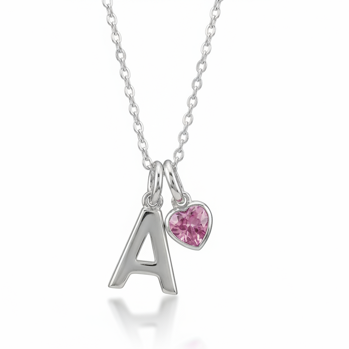 Sterling Silver Initial Necklace with Heart Birthstone Charm