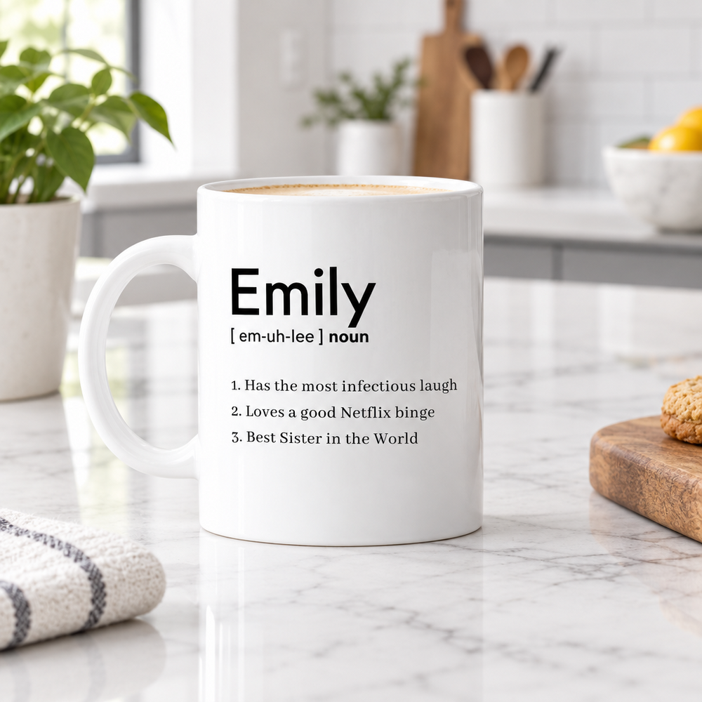 A white ceramic mug with the name 'Emily' printed on it, along with dictionary-style definitions.