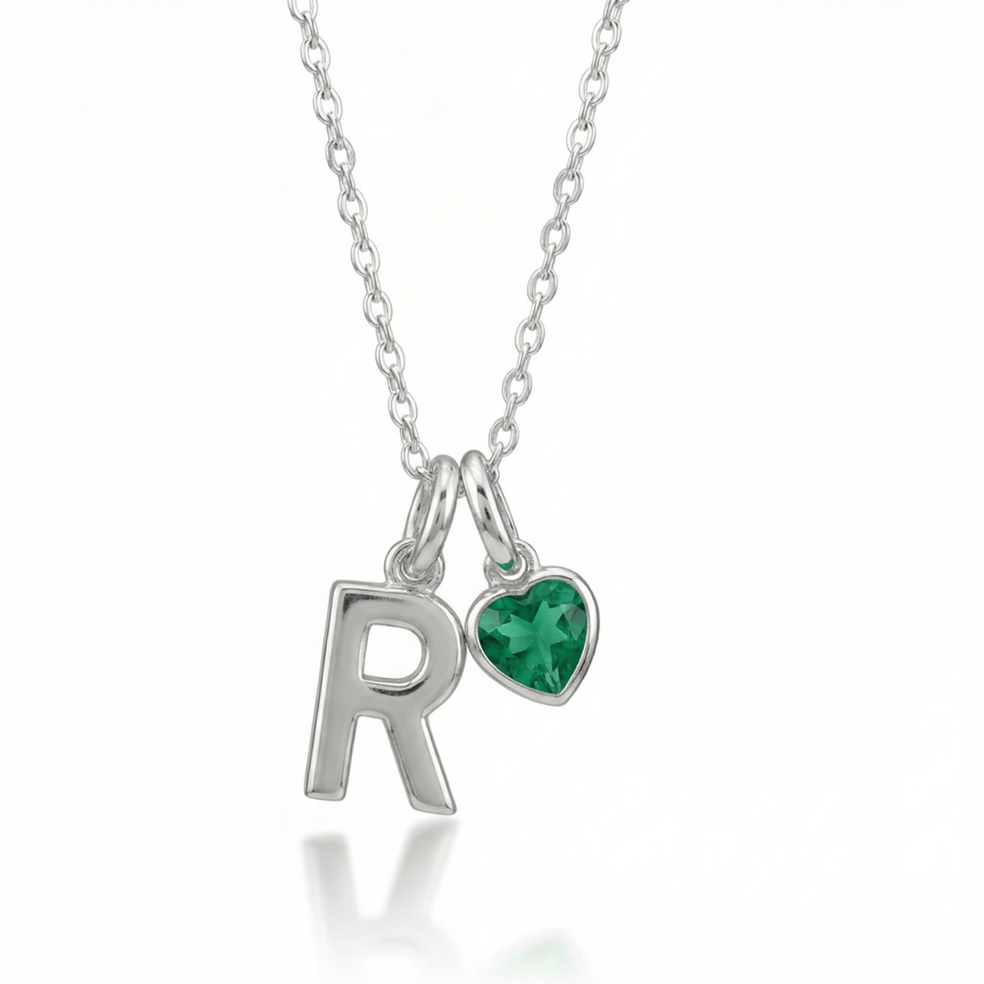 Sterling Silver Initial Necklace with Heart Birthstone Charm
