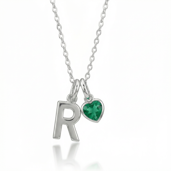 Sterling Silver Initial Necklace with Heart Birthstone Charm