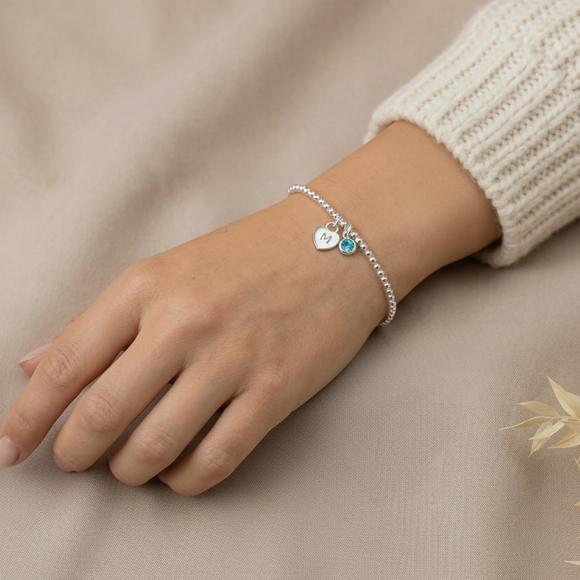 Initial Letter Birthstone Bracelet - Heart Charm
