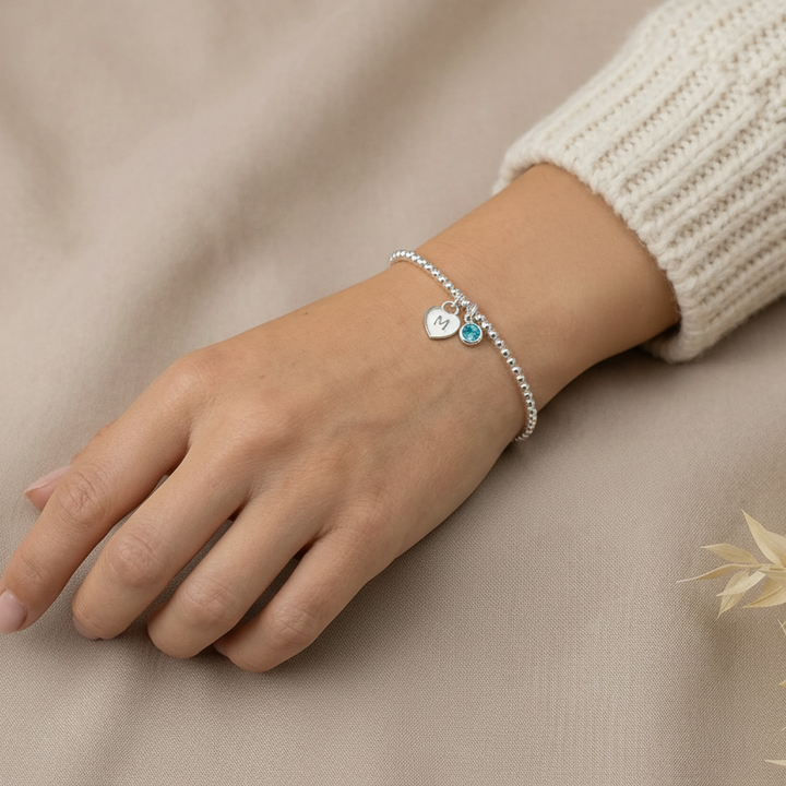 Initial Letter Birthstone Bracelet - Heart Charm