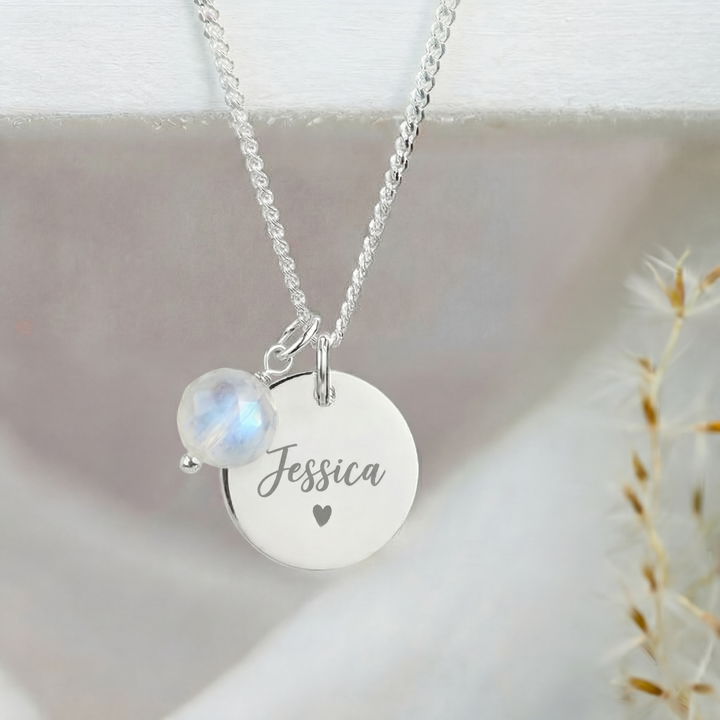 Personalised Name Necklace with Rainbow Moonstone Charm