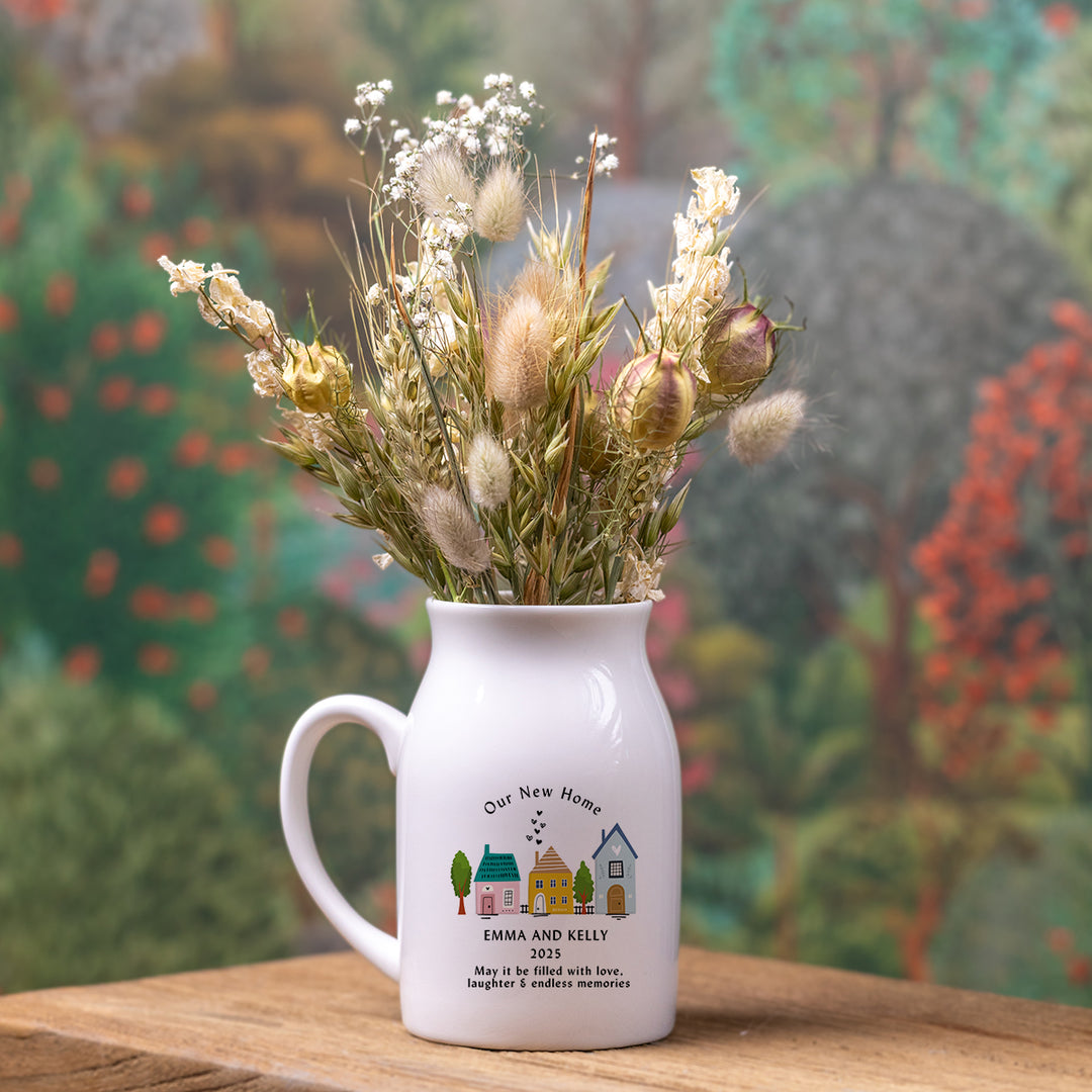 New Home Vase & Dried Flowers Gift Box - Colourful Houses