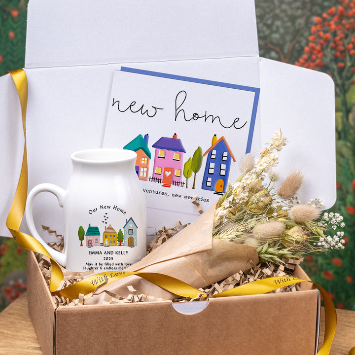 New Home Vase & Dried Flowers Gift Box - Colourful Houses