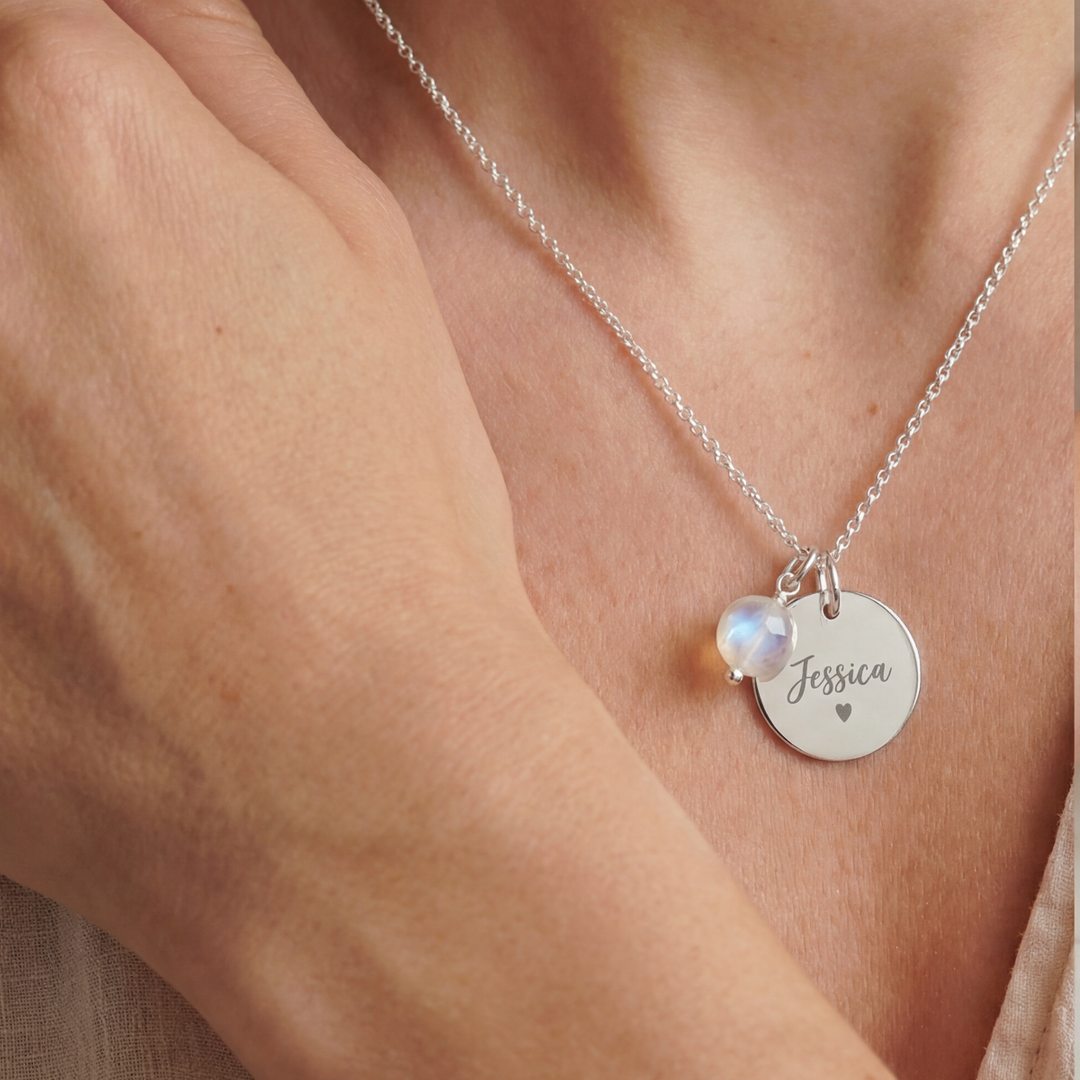 Personalised Name Necklace with Rainbow Moonstone Charm