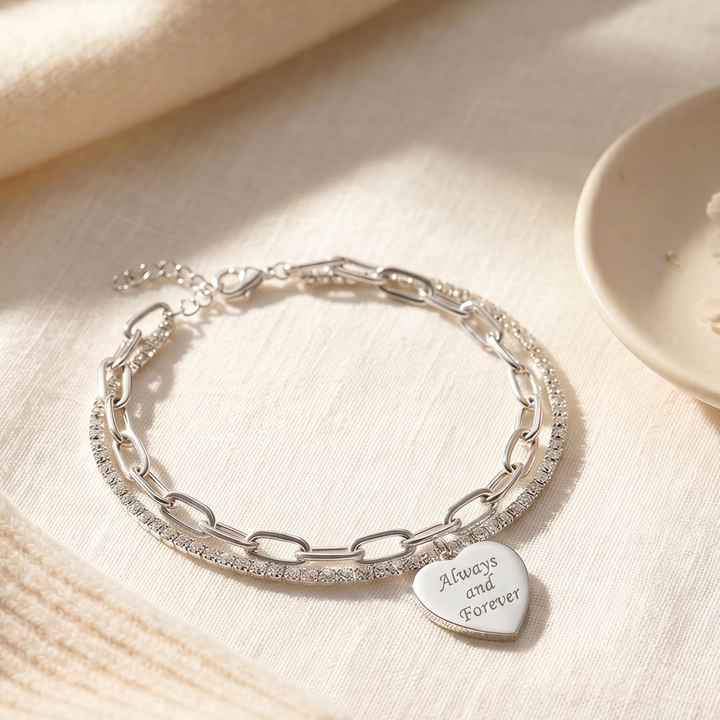 Engraved Sterling Silver CZ Heart Charm Bracelet