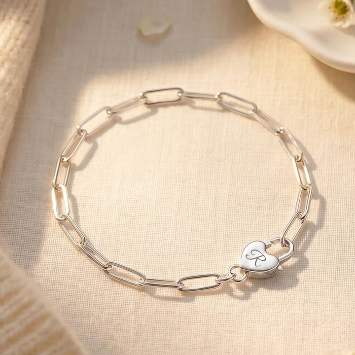 Sterling Silver Paper Chain Bracelet with Initial Padlock Clasp