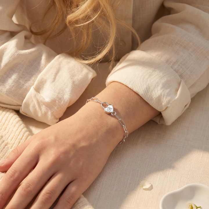Sterling Silver Paper Chain Bracelet with Initial Padlock Clasp