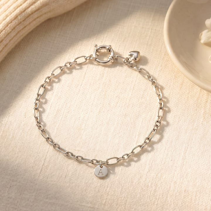 Engraved Sterling Silver Oval Link Bracelet with Heart