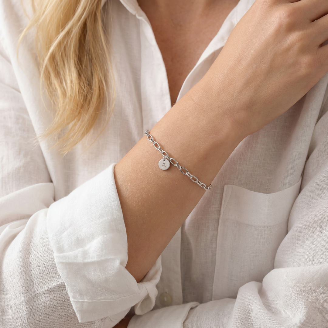 Engraved Sterling Silver Oval Link Bracelet with Heart