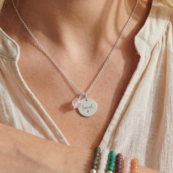Personalised Name Necklace with Rose Quartz Charm