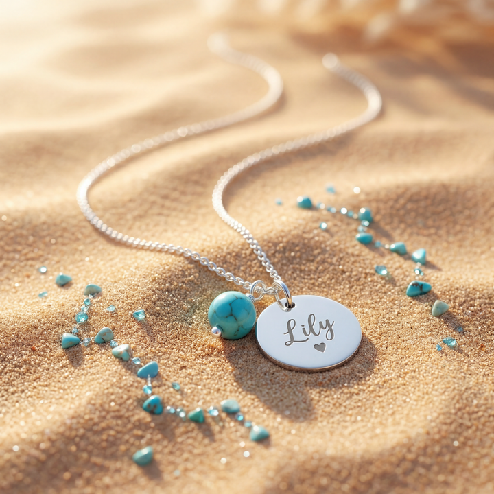 Personalised Name Necklace with Turquoise Charm